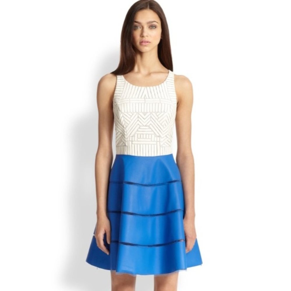 Sachin + Babi Walker Fit & Flare Dress Blue Aster Ivory Skater Faux Leather Mesh